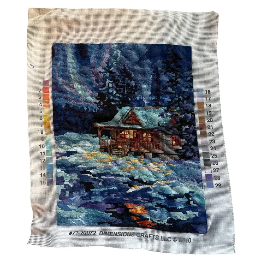 Needlepoint Northern Lights Winter Cabin Finished Handmade Art 11 x 14